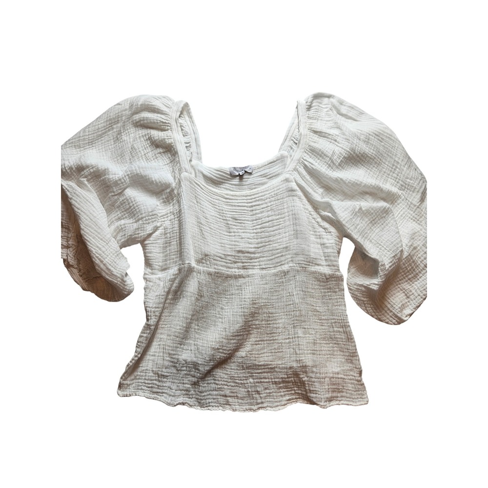 Michael Stars White Double Gauze Puff Sleeve Square Neck Cotton Top Medium